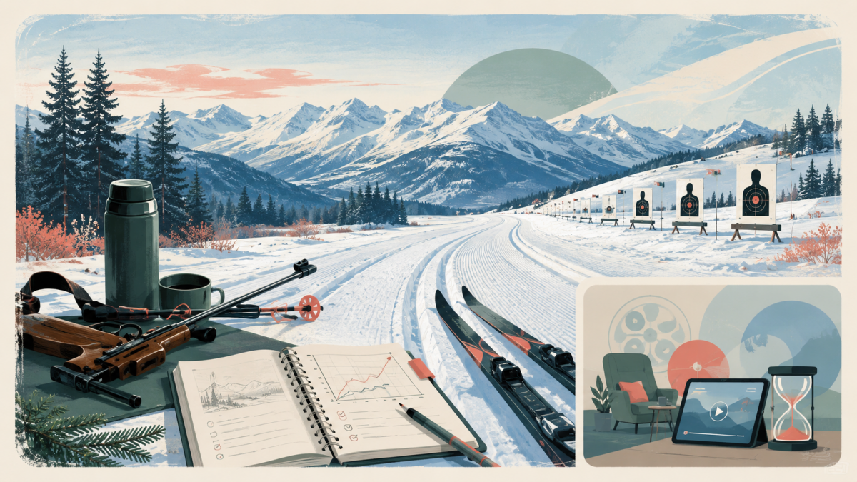 Piste de biathlon, skis, carnet d’entraînement et récupération avec un panneau numérique secondaire.
