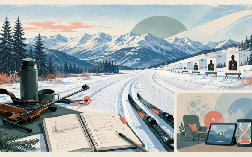 Piste de biathlon, skis, carnet d’entraînement et récupération avec un panneau numérique secondaire.