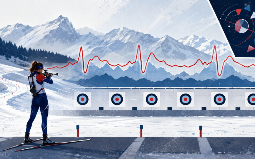 Biathlète au pas de tir, courbe cardiaque et cibles dans un paysage alpin enneigé.